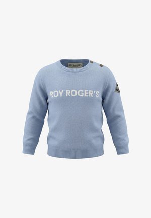 Maglione azzurro chiaro per bambini con la scritta "ROY ROGER'S" sul davanti, polsini e orlo a coste, due bottoni sulla spalla e toppa sulla manica sinistra.