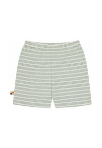 Pantaloni corti di cotone con strisce verdi orizzontali su uno sfondo chiaro, dotati di una cintura elastica e di una piccola etichetta multicolore sul lato.
