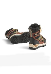 Bottes résistantes à l'eau avec un col en fourrure noire, des accents marron et une semelle noire texturée. Le design comprend des sangles réglables pour un ajustement parfait.