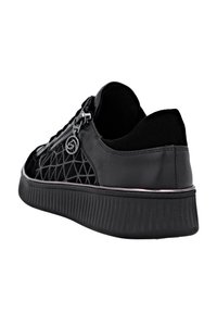 Schwarze Turnschuhe mit strukturiertem Muster, glattem Leder und Gummisohle. Seite mit Reißverschluss und runder Zehenform.