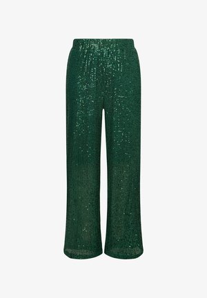 Grønne palietbuks med vid ben og elastisk talje. Materialet har en stribet overflade og et glitrende, reflekterende design.