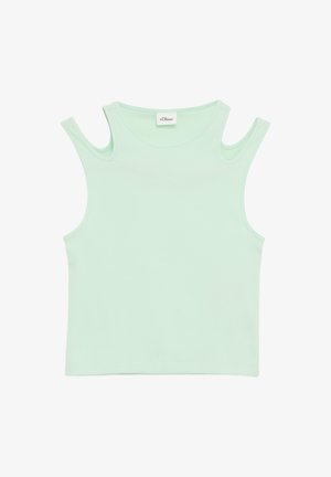 Miętowy top bez rękawów z ribbowanej tkaniny, z odkrytymi ramionami, okrągłym dekoltem i dopasowanym krojem. Metka widoczna na środku.
