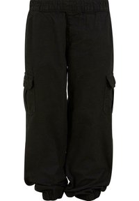 Pantalon cargo noir avec taille élastique, poches à rabat latérales et poignets élastiques aux chevilles.