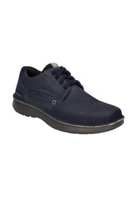 Scarpe lacci in pelle blu con superficie liscia, punta arrotondata e dettagli di cucitura sottili. Presentano una suola ammortizzata per il comfort.