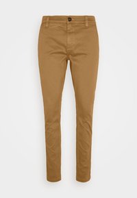 Tan trousers made of cotton blend. Slim fit design with a button closure and belt loops. Smooth texture, no visible patterns or embellishments.