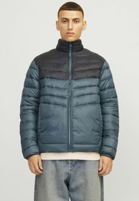 Giacca imbottita con zip in verde scuro e nero. Presenta un colletto alto, un motivo trapuntato orizzontale e una vestibilità standard. Il materiale sembra liscio e leggero.