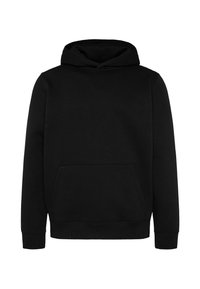 Black hoodie made of soft fabric, featuring a front pocket, ribbed cuffs, and drawstring hood. Simple, minimalist design without patterns.