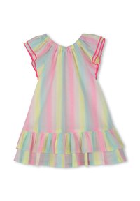 Gestreepte jurk met korte fladdermouwen, in de kleuren roze, blauw en geel. Volants aan de onderrand voegen textuur toe; subtiele glans in de stof.