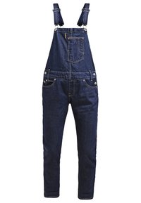 Salopette en denim bleu foncé avec bretelles réglables, poche poitrine avant, boutons latéraux et design classique à cinq poches.