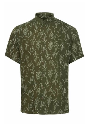 Krátky rukáv košele z tmavozelenej látky s bielymi vzormi listov, so zapínaním na gombíky a špičatým golierom.