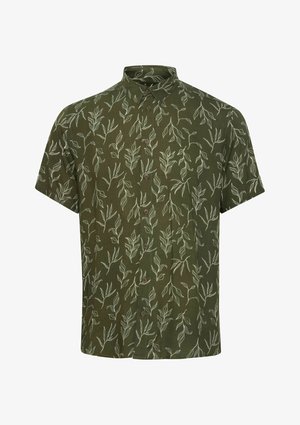 Camicetta a maniche corte in tessuto verde scuro con motivi a foglia bianchi, dotata di chiusura a bottoni e colletto a punta.