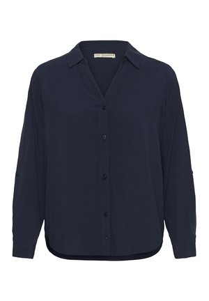 Tumesinise pikkade varrukatega pluus, millel on nööpidest eesmine sulgemine, krae ja sile kangas; omadused on kohandatud sobivus ja ümar hem.