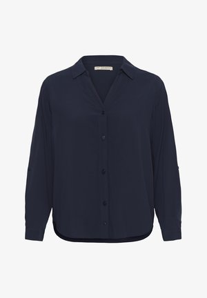 Tengerészkék, hosszú ujjú blúz gombos előlappal, gallérral és sima anyagból készült; karcsú fazonú és lekerekített aljjal rendelkezik.