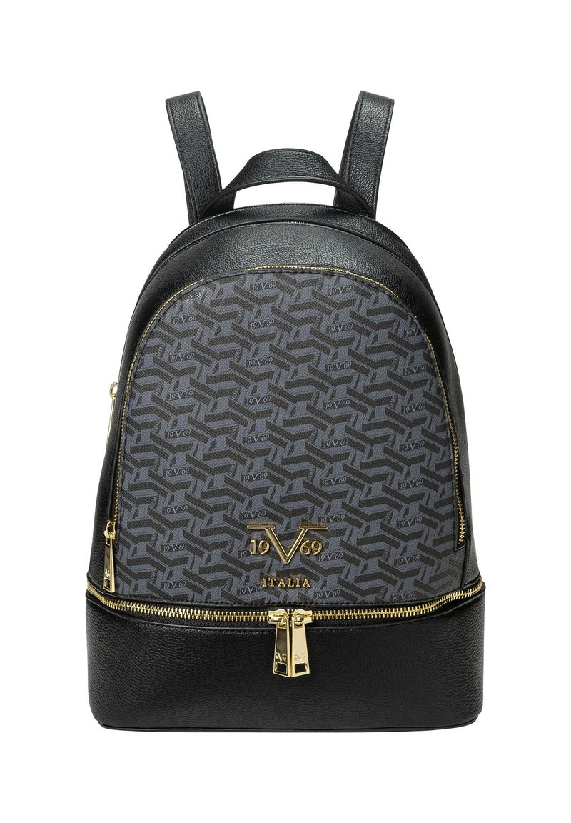 Zwarte leren rugzak met een geometrisch grijs patroon. Voorzien van een gouden rits en logo-detail aan de voorkant. Dubbel verstelbare schouderbanden.