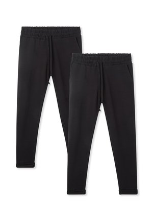 Pantaloni jogger neri con vita elasticizzata, cordino e tasche laterali. Le gambe si restringono verso i polsini, realizzati in tessuto morbido.