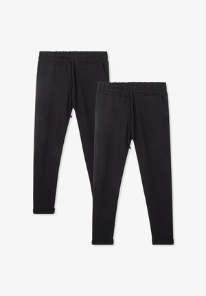Pantaloni jogger neri con vita elasticizzata, cordino e tasche laterali. Le gambe si restringono verso i polsini, realizzati in tessuto morbido.