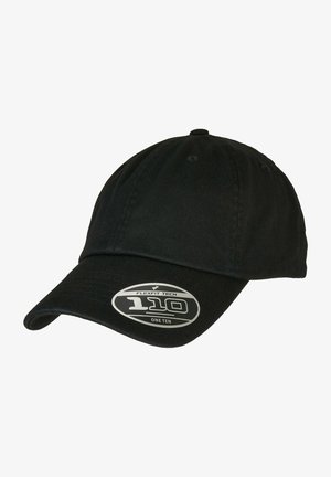 Black cotton baseball cap with a smooth texture, curved peak, and a circular logo label featuring "FLEXFIT TECH 110 ONE TEN" on the front.