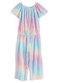 Färgglad, veckad jumpsuit med korta puffärmar, off-shoulder halsringning och en mjuk gradation av pastellrosa, blå och lila nyanser.