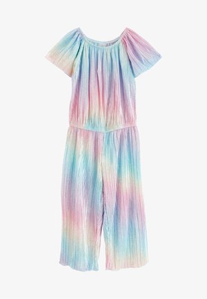 Barevný skládací overal s krátkými krátkými rukávy, off-shoulder výstřihem a jemným gradientem pastelových růžových, modrých a fialových odstínů.