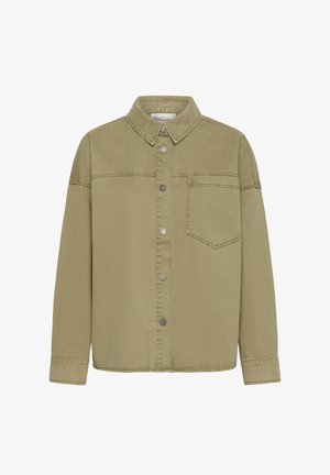 Khaki button-up shirt made of soft fabric, featuring a pointed collar, long sleeves, two front pockets, and silver-tone snaps.