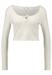 Valkoinen raidoitettu pitkähihainen crop-top, jossa on leveä kaula-aukko ja edessä naruysityksellä. Silkinäinen pinta, tiukka malli.