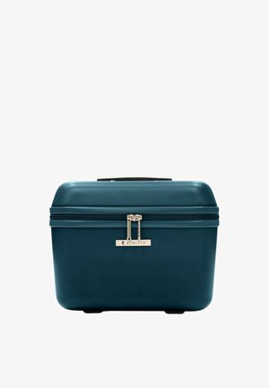 Valigia rigida color teal con superficie textured, chiusura a cerniera e accessori in metallo argentato. Dotata di maniglia superiore per il trasporto.