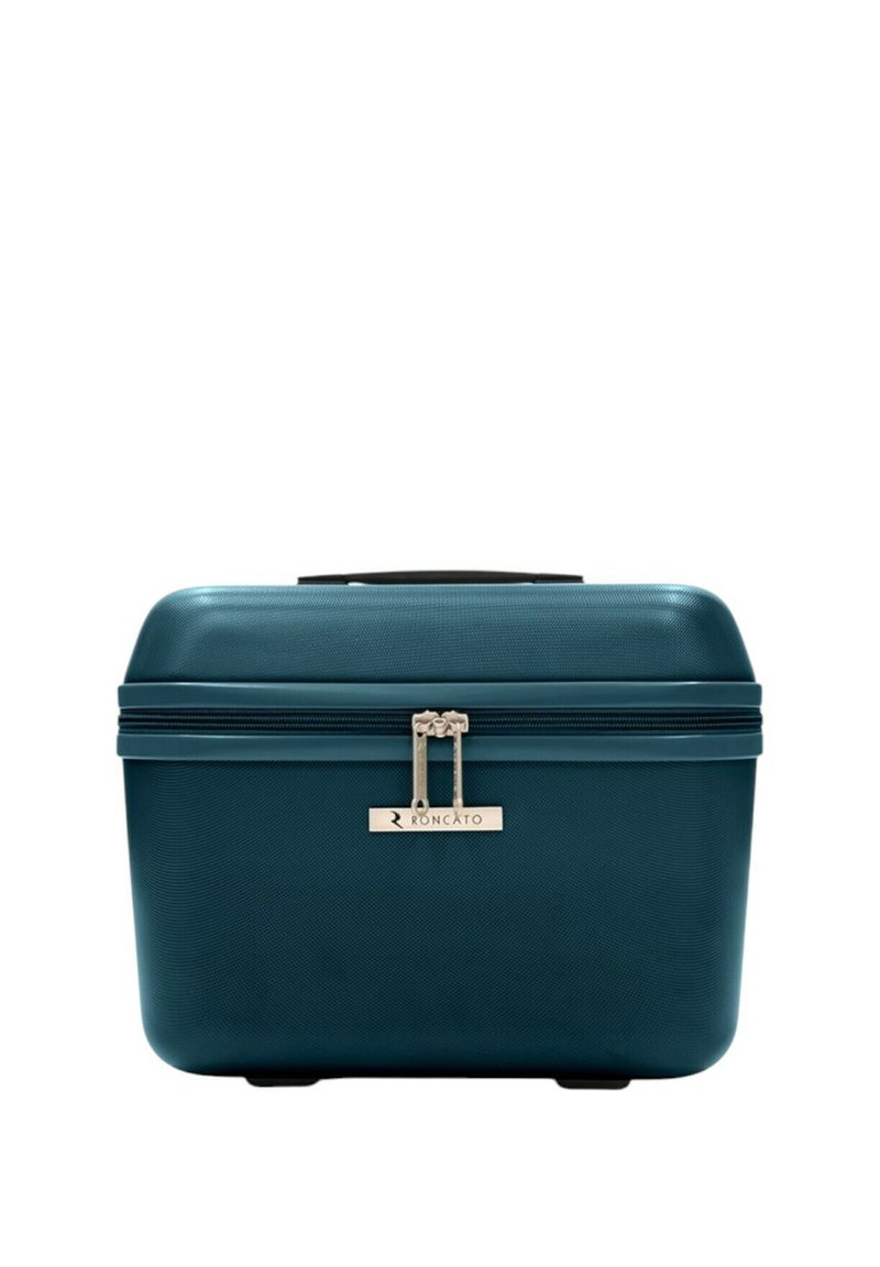 Valigia rigida color teal con superficie textured, chiusura a cerniera e accessori in metallo argentato. Dotata di maniglia superiore per il trasporto.