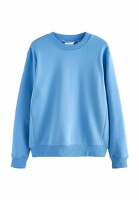 Lichtblauwe sweatshirt van zacht materiaal, met een ronde halslijn, lange mouwen en ribgebreide manchetten en zoom. Soepele textuur, geen patronen.