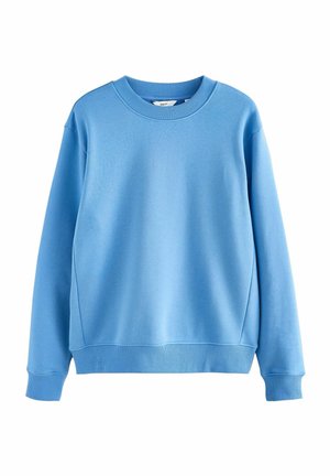 Lichtblauwe sweatshirt van zacht materiaal, met een ronde halslijn, lange mouwen en ribgebreide manchetten en zoom. Soepele textuur, geen patronen.