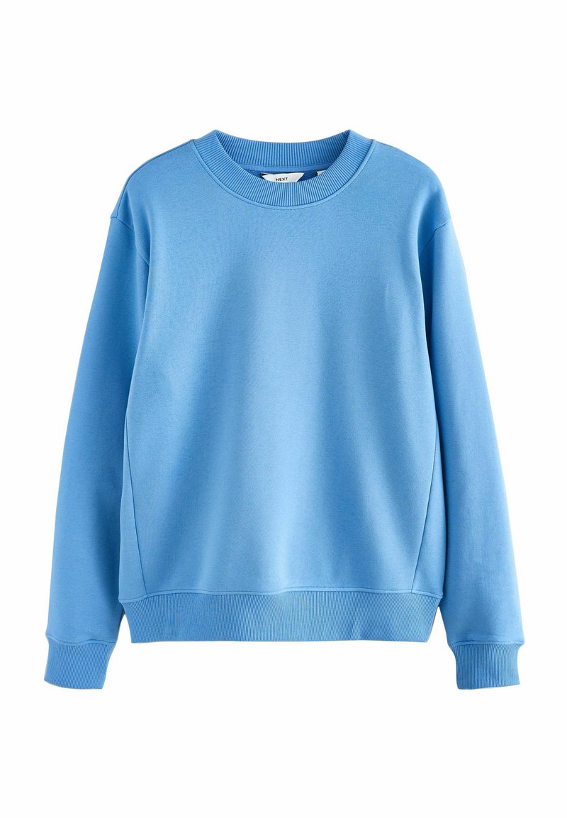 Lichtblauwe sweatshirt van zacht materiaal, met een ronde halslijn, lange mouwen en ribgebreide manchetten en zoom. Soepele textuur, geen patronen.