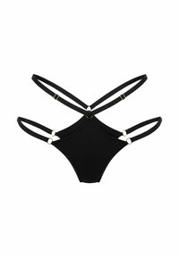 Schwarzer Bikini-Höschen mit mehreren verstellbaren Trägern, goldenen Hardware-Akzenten und glattem Stoff in einem dreieckigen Design.