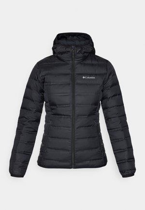 Black puffer jacket with a zippered front, hood, and elastic cuffs. Features horizontal quilting and a small logo on the left chest area.