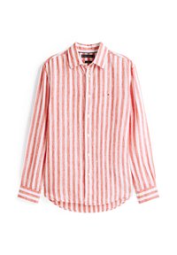 Chemise à manches longues en lin rayée rouge et blanche. Présente un col classique, une fermeture à boutons, et un ourlet arrondi avec des poignets rayés.