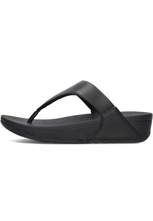 Zwarte teensandalen met een soepel leren bovenwerk, een gestructureerde binnenzool en een iets verhoogde sleehak voor extra comfort.