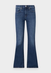 Jean flare en denim de teinte foncée, avec une taille cintrée, un design à cinq poches et une couture classique. Matière : mélange de coton, texture lisse.