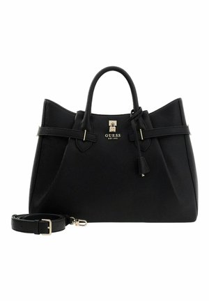 Sac à main en cuir noir au design structuré, avec deux poignées, une bandoulière amovible et des accents de quincaillerie dorée.