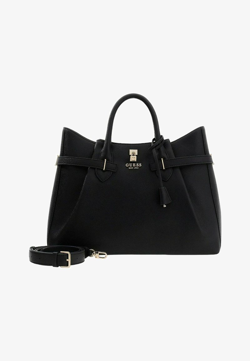 Sac à main en cuir noir au design structuré, avec deux poignées, une bandoulière amovible et des accents de quincaillerie dorée.