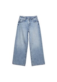 Světle modré široké džíny vyrobené z denimu, s vysokým pasem, pěti kapsami a jemným vyblednutím, s nerovnými lemy.