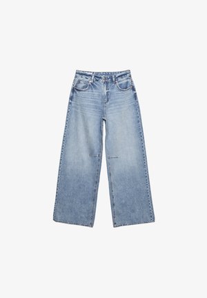 Jeans larghi azzurri realizzati in denim, con vita alta, cinque tasche e un leggero sbiadimento, dotati di orli grezzi.