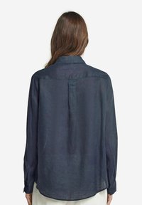 Marinblå långärmad skjorta i lätt tyg. Har en klassisk krage, rak nederkant och knappade ärmslut. Baksidan har en central söm.