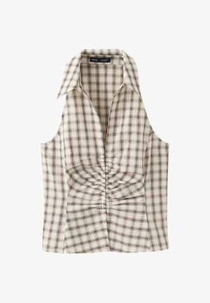 Chemise sans manches beige à carreaux avec un large col et un détail froncé au centre devant.