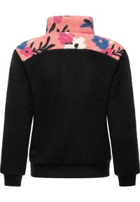 Giacca in pile nera con colletto alto, caratterizzata da un motivo floreale colorato in rosa, blu e bianco sulla parte superiore della schiena.
