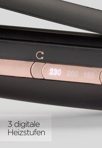 Black hair straightener with rose gold accents, featuring three digital heat settings displayed on a sleek control panel.