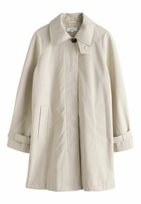 Beige trenchcoat met een brede kraag, knoopsluiting en twee verticale zakken. Gemaakt van lichtgewicht materiaal, met opgerolde manchetten.