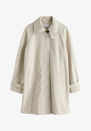 Beige trenchcoat med en bred krave, knaplukning og to lodrette lommer. Fremstillet af let materiale med op-rullede ærmekanter.