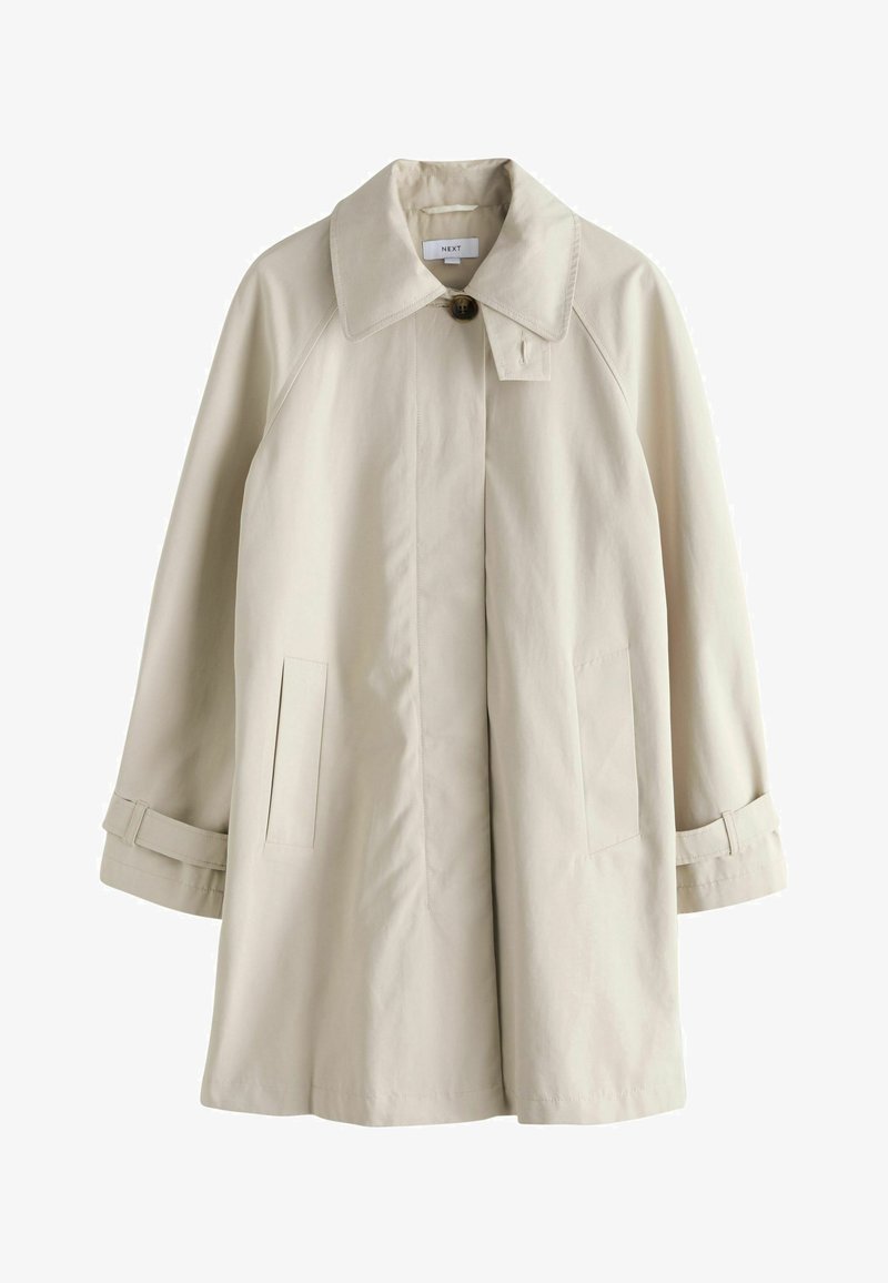 Beige trenchcoat met een brede kraag, knoopsluiting en twee verticale zakken. Gemaakt van lichtgewicht materiaal, met opgerolde manchetten.