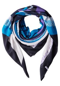 Mehrfarbiger Seidenschal mit geometrischen Mustern in Blau, Lila und Schwarz, mit einer glatten Textur und einem Etikett, das den Markennamen trägt.