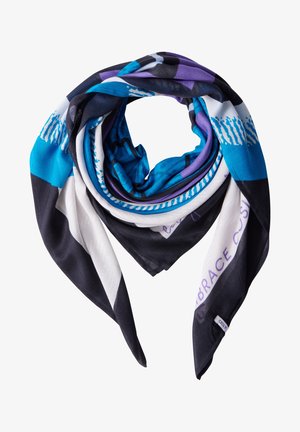 Wielokolorowy jedwabny szalik z niebieskimi, purpurowymi i czarnymi wzorami geometrycznymi, o gładkiej fakturze i metką z nazwą marki.