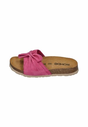 Women's slip-on sandal with pink fabric bow strap, cork footbed, and beige rubber sole, side view on white background.