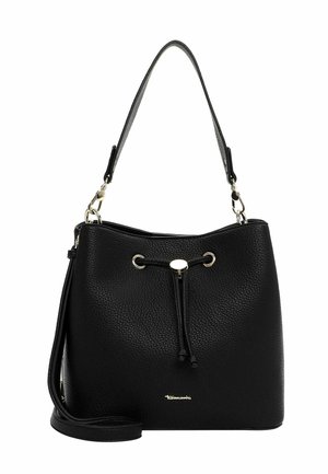 Borsa a secchiello in pelle nera con finitura testurizzata, chiusura con coulisse e dettagli metallici. Presenta una tracolla removibile.
